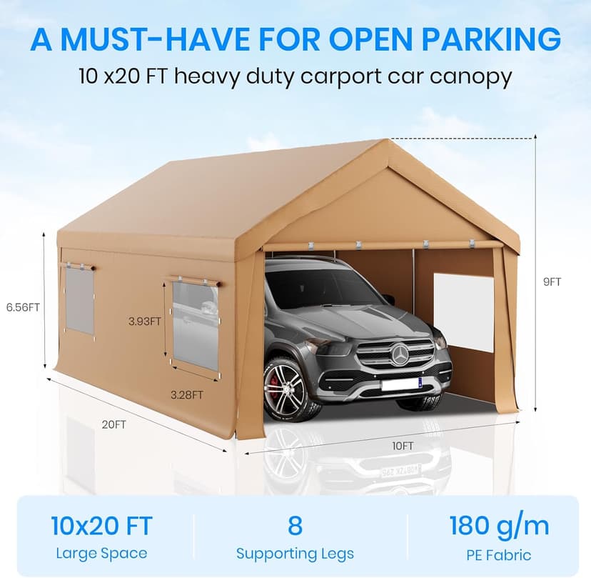 Carport 10x20 Heavy Duty Portable Garage,Carport Canopy with Roll-Up Windows & Doors,Portable Garage and Shelter with Removable Sidewalls,Car Tent Garage with All-Season Tarp for Truck Bike Lawnmower