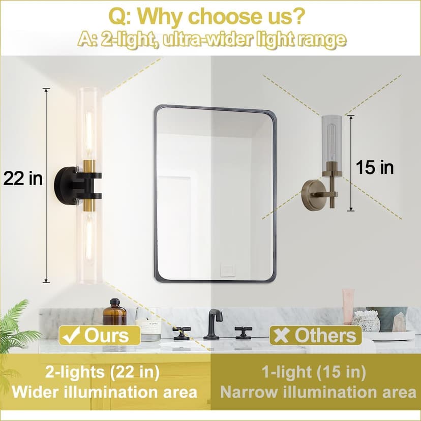 Wall Sconces Set of Two, Black and Gold Bathroom Sconces Wall Lighting with Clear Glass, Modern Sconces Wall Decor Set of 2 Wall Light fixtures for Bathroom Mirror Living Room Hallway Bedroom