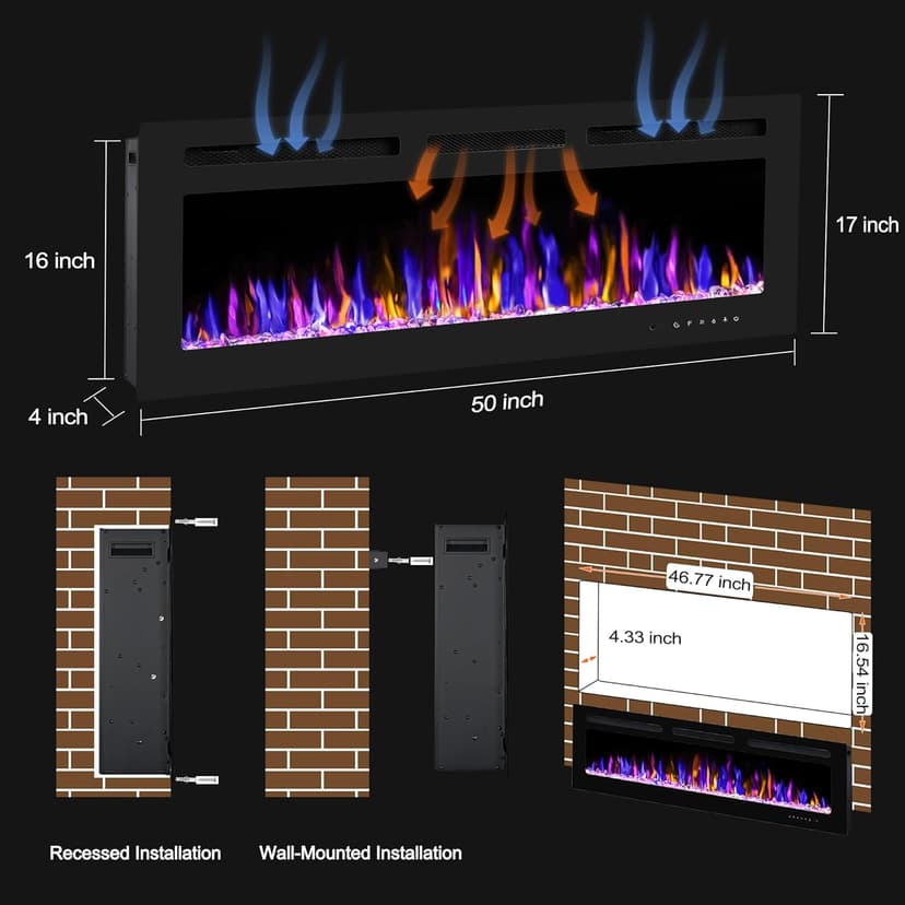 50" Electric Fireplace Wall Mounted and Recessed with Remote Control, 750/1500W Ultra-Thin Wall Fireplace Heater W/Timer Adjustable Flame Color and Brightness, Log Set & Crystal Options