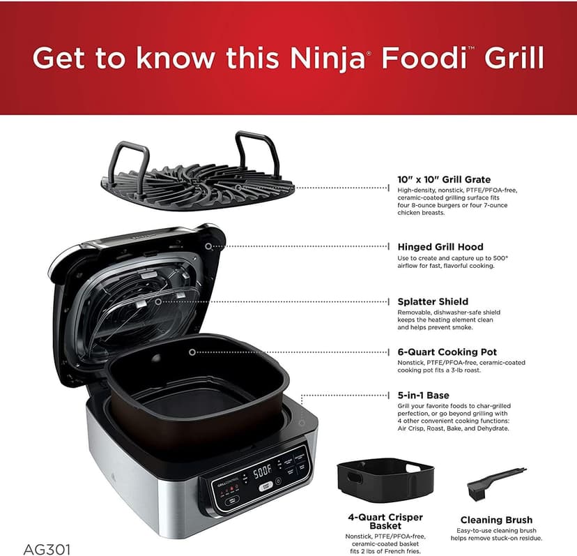 Ninja AG301 Foodi 5-in-1 Indoor Electric Grill with Air Fry, Roast, Bake & Dehydrate - Programmable, Black/Silver