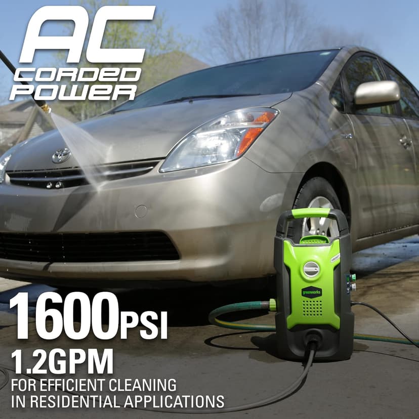 Greenworks Compact Electric Pressure Washer (CSA Certified, Lightweight, 20 FT Tangle-Free Hose, 35 FT Power Cord) Great For Cars, Fences, Patios, Driveways, Decks and Patios
