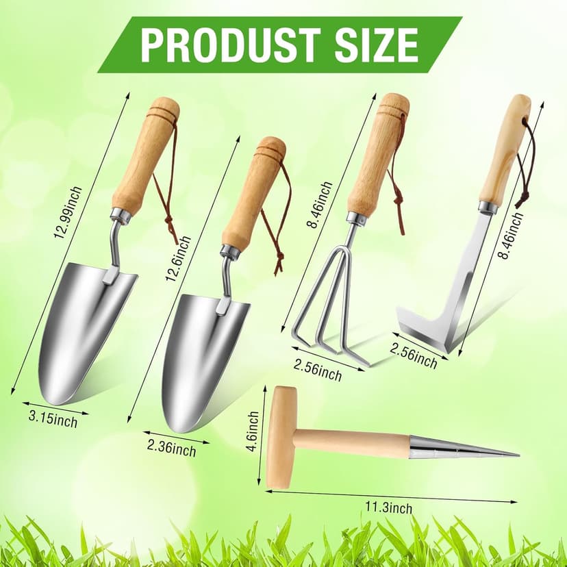 Lasnten 5 Pcs Dibber Garden Tool Set, Heavy Duty Seed Planter Gardening Tools with Hand Dibber, Hand Crack Weeder, Transplanter, Big Trowel, 3-Claw Cultivator for Planting Flowers, Gardening Gifts