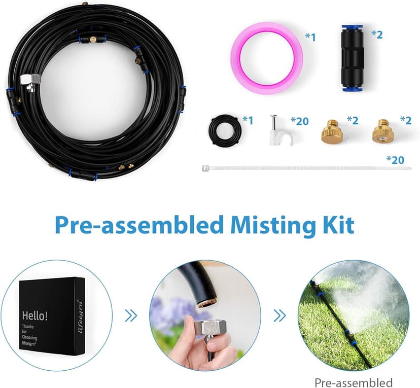 lifeegrn Misting Cooling System, Outdoor Misting System for Patio, 40 FT Misting Line+10 Mist Nozzles+3/4" Brass Adapter,Outdoor Mister System for Patio Garden Trampoline Greenhouse
