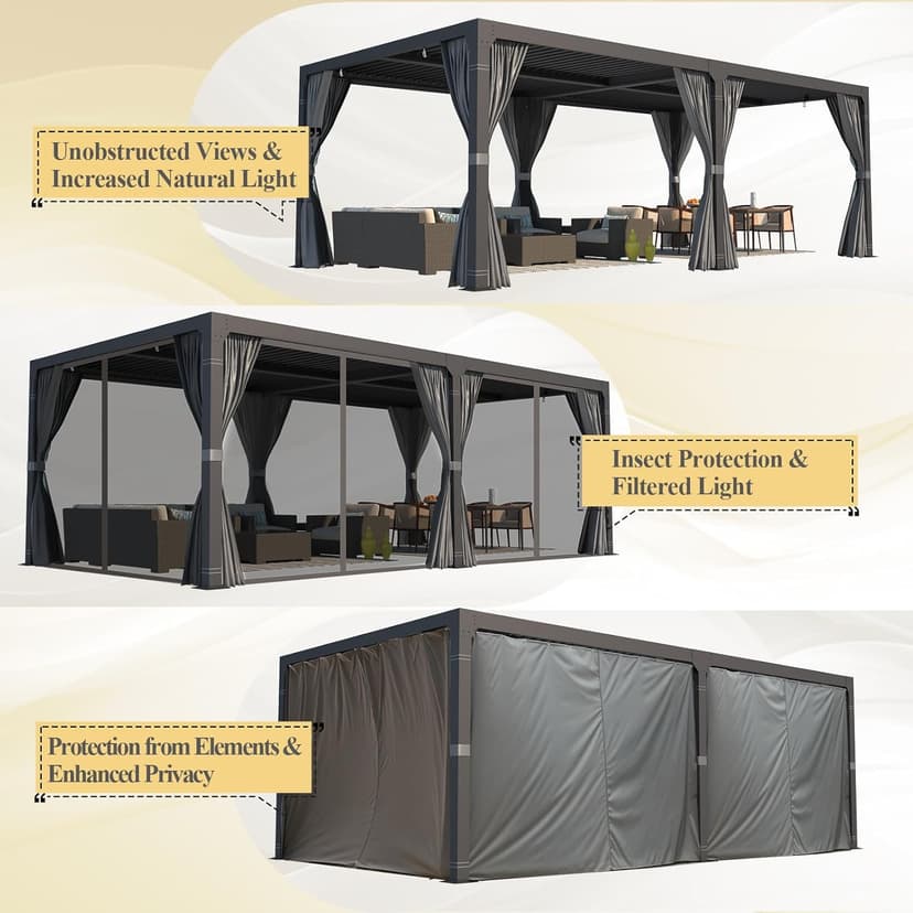 MELLCOM Louvered Pergola 12x24, Aluminum With Adjustable Roof, Outdoor With Waterproof Curtains and Nets, Dark Grey