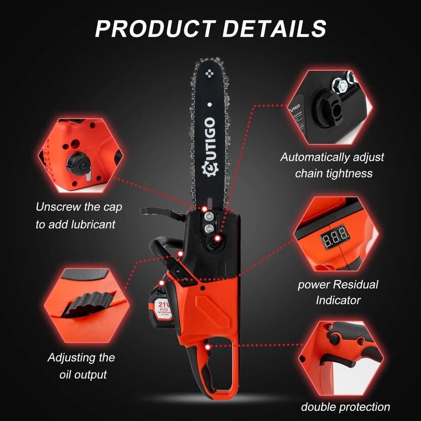 Cordless Electric Chainsaw, 1000W Brushless Chainsaw 12-Inch with 2×21V Batteries, 2 Replacement Chains & 1 Guide Bars & Charger, Bettery Electric Chainsaw Suit for Wood Cutting Trimming Branch