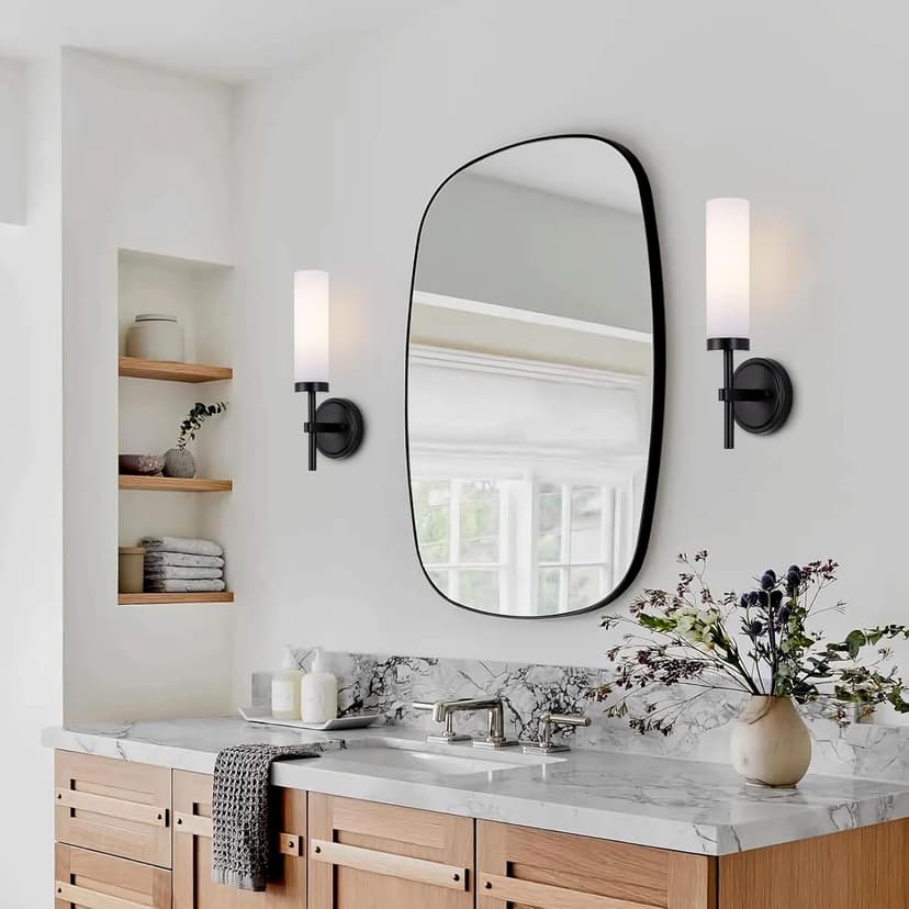 Black Bathroom Wall Sconces Set of 2, Modern Sconces Wall Lighting Vanity Lights with Opal White Glass Shade, Farmhouse Wall Mount Lamp for Mirror Living Room Bedroom Hallway Kitchen Stairs