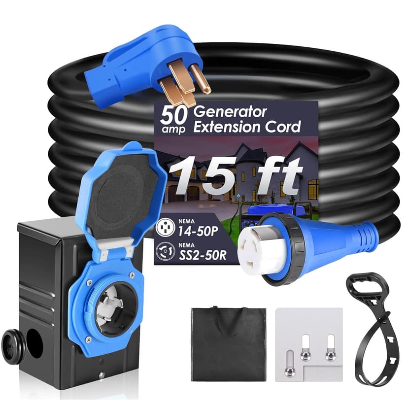 Seeutek 50 Amp Generator Cord, 4 Prong 50 FT Generator Extension Cord with Pre-drilled Power Inlet Box & Interlock Kit, NEMA 14-50P/SS2-50P Functional Cable, High Conductivity, ETL Listed