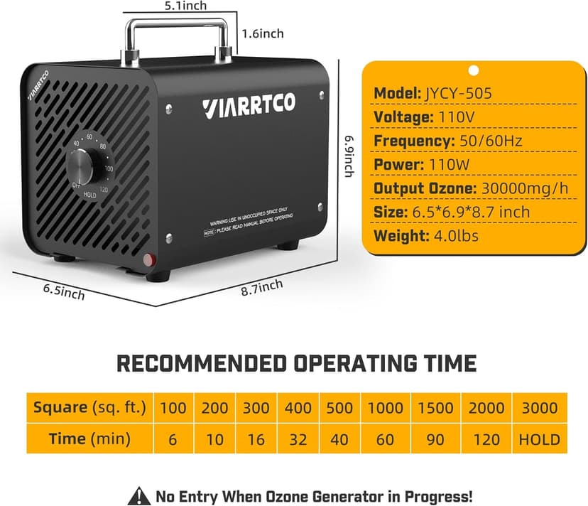 Ozone Machine Generator 30000mg/h - 6000+ Sq. Ft. Ozone Machine Odor Removal for Home and Car with 120min timer All Metallic Black