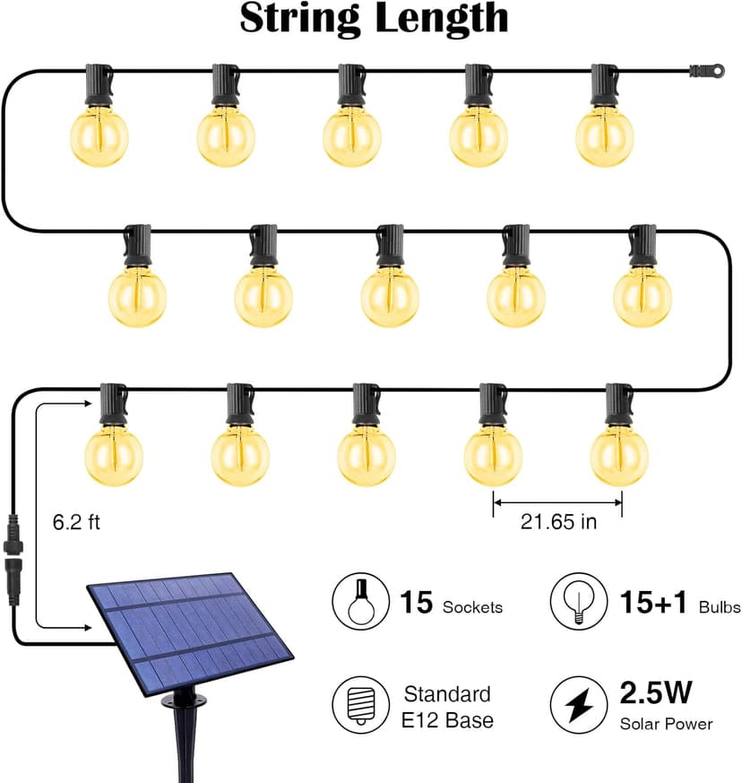 ZJOJO Solar Outdoor String Lights 35FT G40 Globe Patio Lights Outdoor String Lights Solar Powered with 15 Edison Glass Bulbs 2700K Shatterproof Hanging Lights for Porch Garden Backyard Pergola Bistro