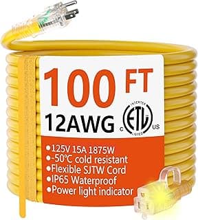HUANCHAIN 12/3 Gauge Heavy Duty Outdoor Extension Cord 100 ft Waterproof with Lighted end, Flexible Cold-Resistant 3 Prong Electric Cord Outside, 15Amp 1875W 12AWG SJTW, Yellow, ETL