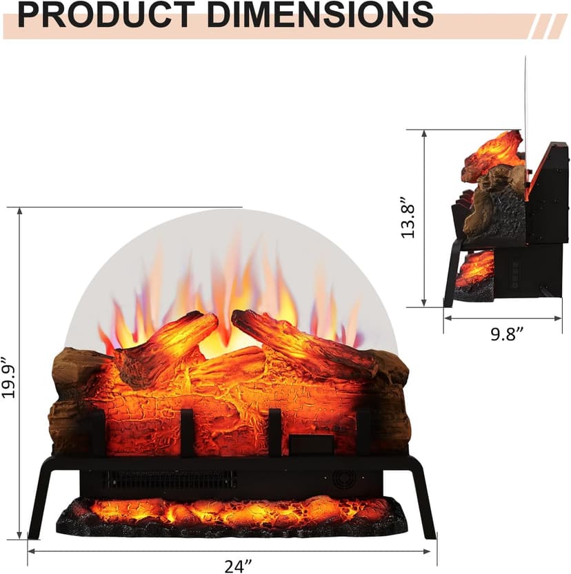 PuraFlame 24" Free Standing Electric Fireplace Log Set Insert, 750W/1500W Heater, 6 Flame Colors with 5 Brightness, Crackling Sound, Remote Control