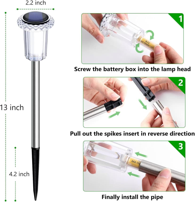 Solar Pathway Lights 10 Pack Solar Outdoor Lights, Led Waterproof Yard Walkway Lighting Stainless Steel Garden Stake for Outside, Path, Landscape, Lawn, Driveway, Backyard(Cold White)