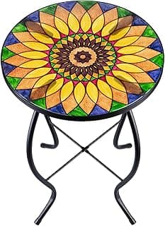 VCUTEKA Sunflower Outdoor Side Table, Mosaic Design, Small Glass Top, Round, Patio Side Table, Balcony Coffee Table, Indoor, 14 inches, Yellow