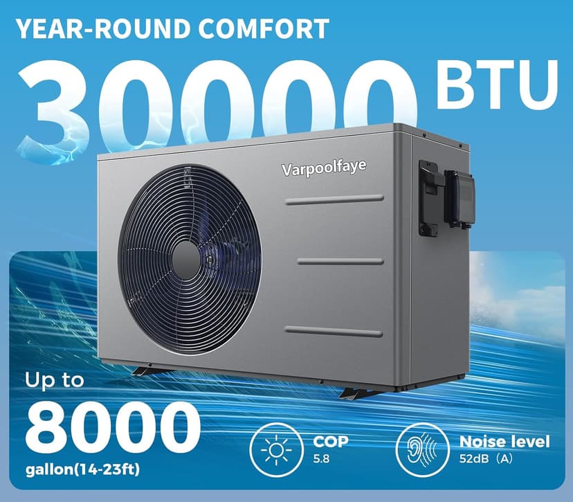 Pool Heat Pump 30000 BTU Pool Heater for Above Ground or Inground Swimming Pools Spa Heating and Cooling with WiFi Control Schedule 120V 8000 Gallon
