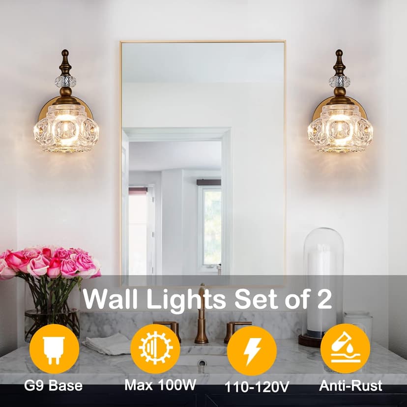 Vintage Wall Sconces, 1-Light Wall Lighting with Crystal Glass Shade, Matte Brushed Antique Brass Finish, Crystal Wall Light, Wall Lamp for Bathroom, Bedroom,Hallway(G9 Base)