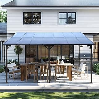 10 x 14 FT Gazebo for Patio, Large Wall-Mounted Hardtop Lean-to Gazebo Sunroom Canopy Outdoor Pergola with Roof, Heavy Duty Patio Awnings for Decks, Backyard, Waterproof, Easy Assemble,Grey
