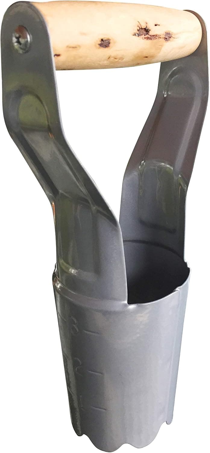 Garden Guru Steel Bulb Planter Tool for Planting Bulbs - High Carbon Steel & Comfortable Wood Carved Handle - Depth Marker for Consistent Planting Flowers Tulips, Daffodils, Dahlias