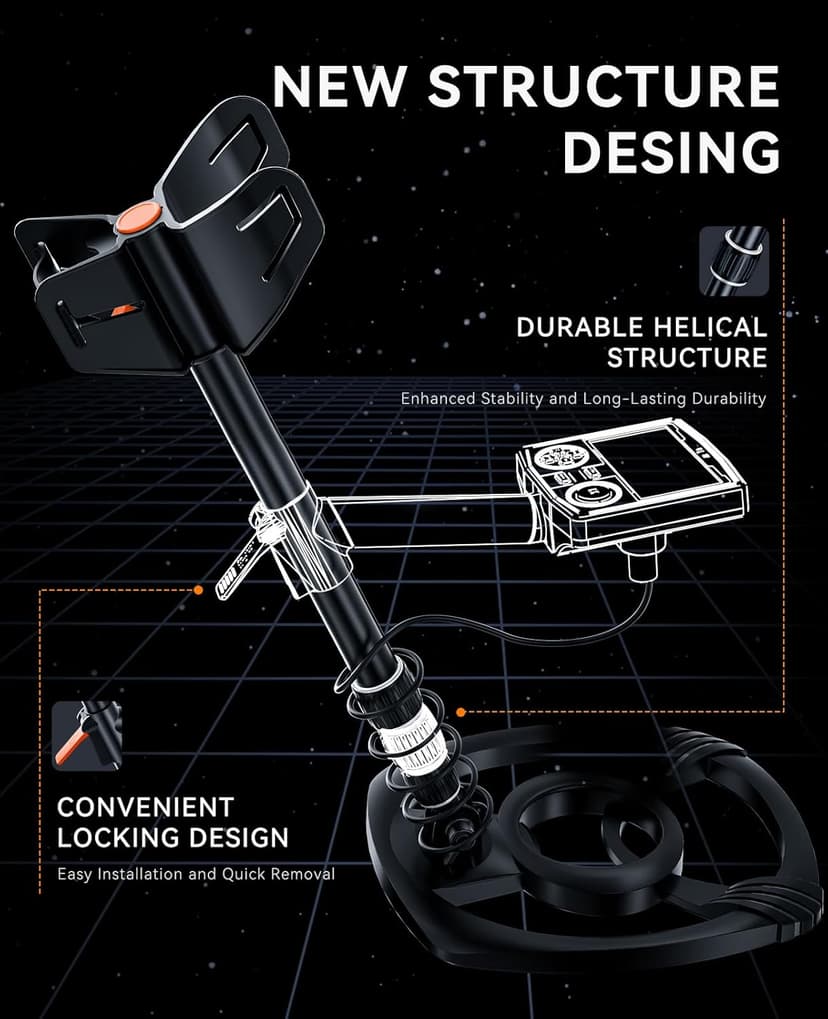 SUNPOW Metal Detector for Adults Professional - High Accuracy with 12" Waterproof Coil, 2x Backlit LCD Display, Advanced DSP Chip, 5 Modes, Adjustable Length (19"-59"), Sturdy Spiral Structure -OTMD14