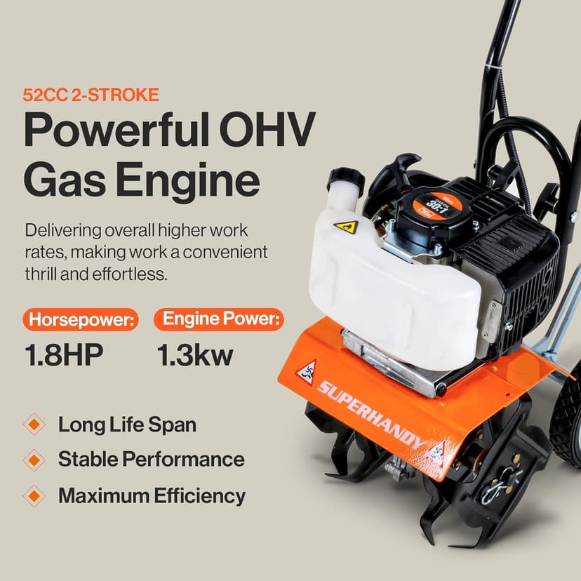 SuperHandy 52cc 2 Stroke Gas Mini Tiller Cultivator - 1.8HP, 4 Adjustable Steel Tines, Forward Rotation, 10" Tilling Width - Ideal for Garden, Lawn, Soil Cultivation, Weed & Digging