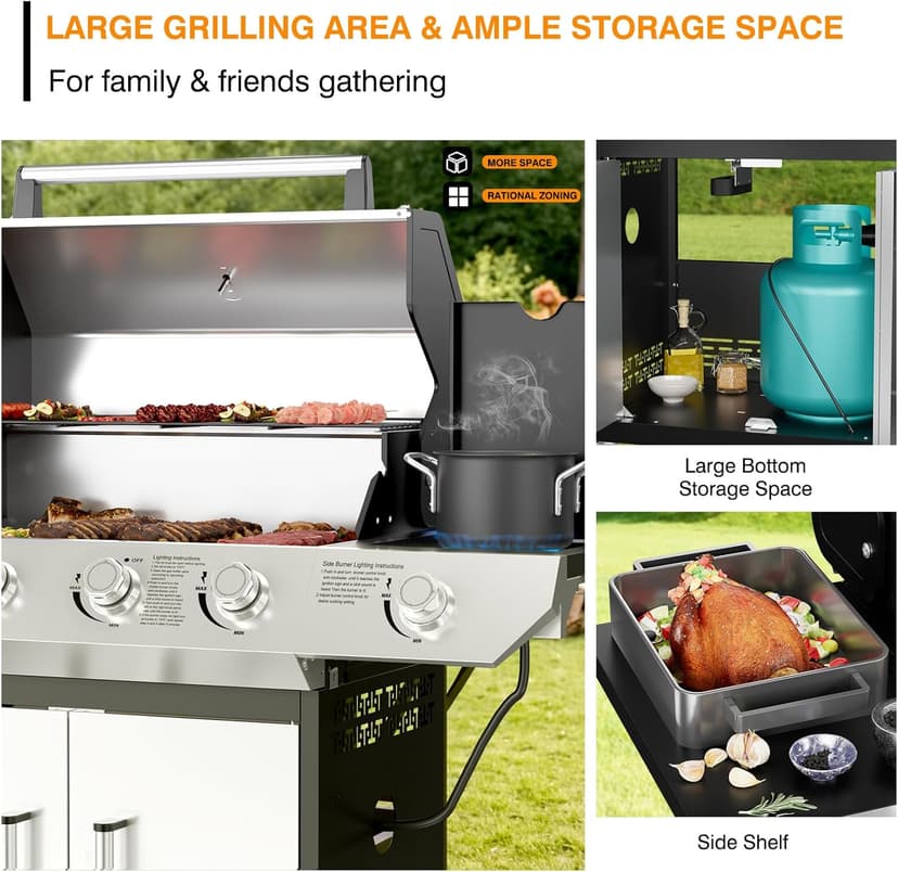 4 Led Burner Propane Gas Grill with Side Burner, Stainless Steel Gas Grill with Built-in thermometer & Enameled Cast Iron Grates, 60,000 BTUs Output for Outdoor Cooking and Patio Backyard Barbecue