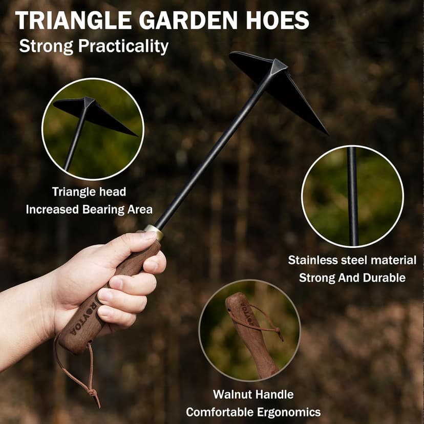 Gardening Tools Triangle Hoe Stainless Steel. Garden Hoes with Ergonomic Walnut Handle for Backyard Weeding, Loosening, Farm. Gardening Gifts for Women/Men