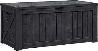 Flamaker Resin Deck Box 120 Gallon Waterproof Large Deck Boxes Plus Outdoor Indoor Storage Box Imitation Wood Resin for Patio Furniture Garden Tools and Pool (Black)