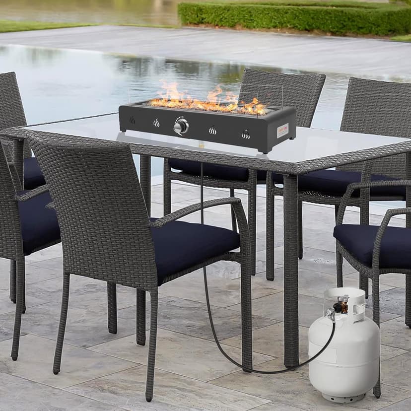 Onlyfire 28'' Tabletop Fire Pit Table, Propane Gas Firepit with Bottom Air Intake, Glass Wind Guard and Lava Rock, Outdoor Rectangular Smokeless Fireplace