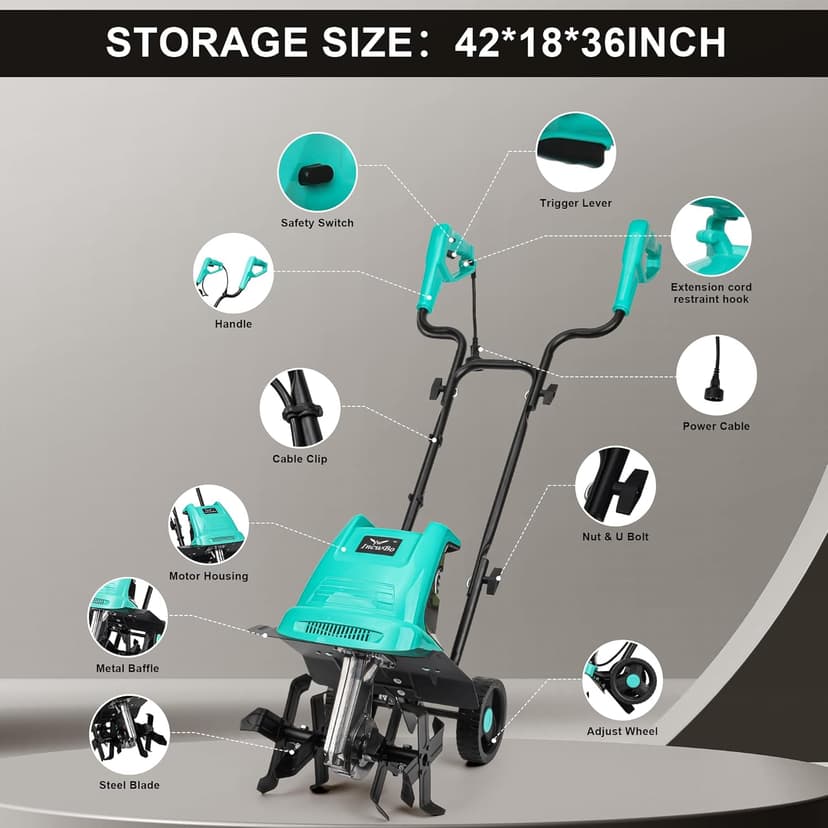 13.5 Amp 12 Inch Electric Tiller/Cultivator with 4 Steel Tines, 8'' Tilling Depth Small Garden Tiller for Gardening, Corded Rototiller with Adjustable Wheels