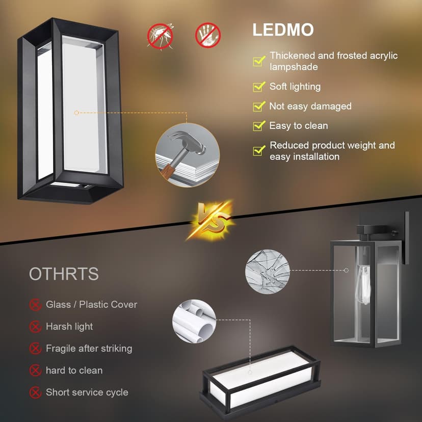 LEDMO Outdoor Wall Light 1800Lm Modern Outdoor Porch Light 3000K Bright Lighting Black Exterior Lighting Fixture Waterproof Christmas Fixture for House,Patio,Garage,Backyard,Hallway（2 Pack