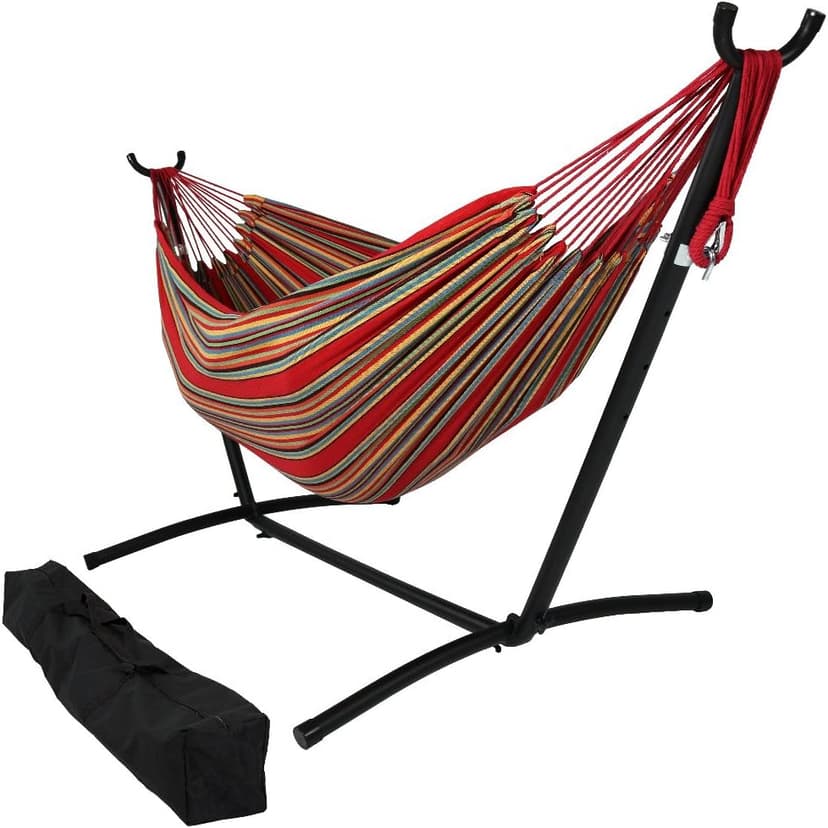 Sunnydaze Double Brazilian Hammock with Stand and Carrying Case - 400-Pound Capacity - Black Stand - Sunset