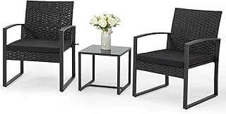Bezseller 3 Pieces Patio Furniture Set, Outdoor Rattan Bistro Set with Coffee Table, Durable Steel Frame with Strapped Cushions for Garden, Balcony, Poolside, Backyard