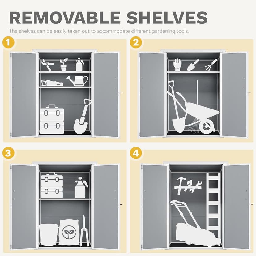 DWVO Outdoor Vertical Storage Shed with 2 Shelves, 49 Cu Ft Waterproof Resin Garden Shed with Floor & Lockable Door, Plastic Tall Tool Cabinet for Garbage Cans, Lawn Equipment, Garden Supplies (Gray)