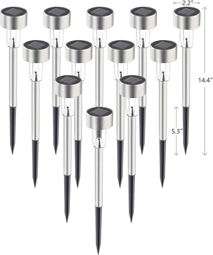 GIGALUMI Solar Pathway Lights 12 Pack, Stainless Steel IP44 Waterproof Auto On/Off Outdoor LED Pathway Landscape Solar Lights for Garden, Yard, Patio, Path and Walkway. (Cold White)