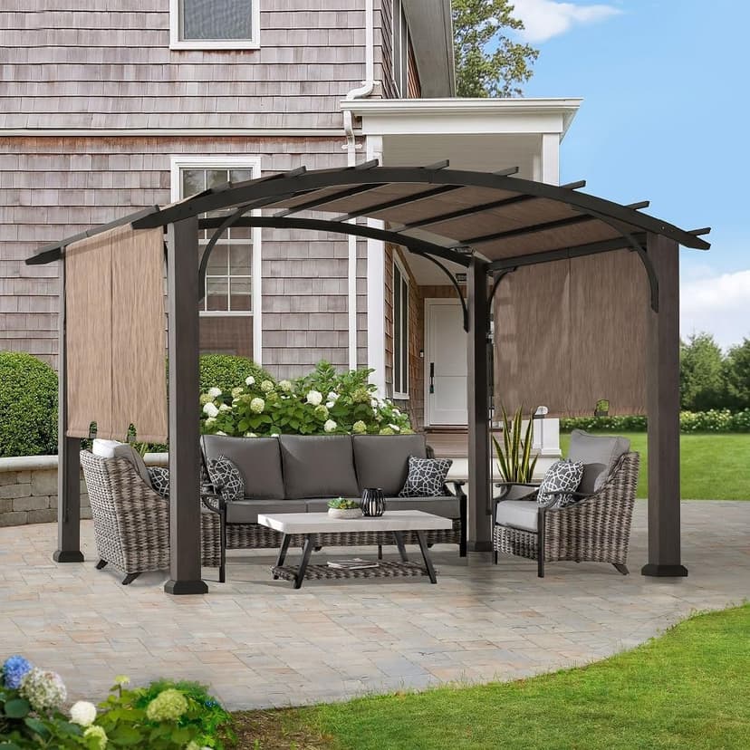 Sunjoy 10’ x 12’ Pergola, Outdoor Steel Arched Pergola with Adjustable Canopy and Natural Woodgrain Metal Posts for Patio, Backyard, and Garden, Tan…
