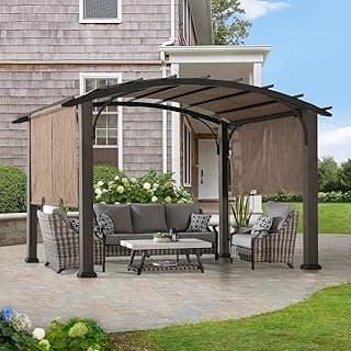 Sunjoy 10’ x 12’ Pergola, Outdoor Steel Arched Pergola with Adjustable Canopy and Natural Woodgrain Metal Posts for Patio, Backyard, and Garden, Tan…