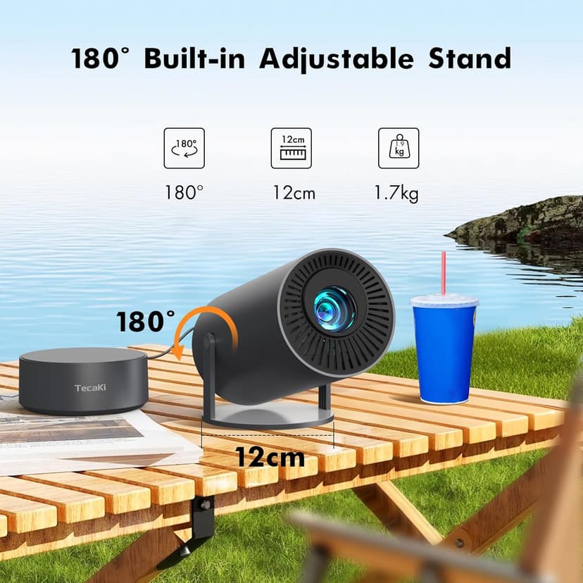 Portable Outdoor Projector with Battery, Mini Projector with WiFi and Bluetooth, 1080P Supported, Auto Keystone, Electric Focus, 180° Rotatable, Suitable for Camping, Family Gatherings, Party