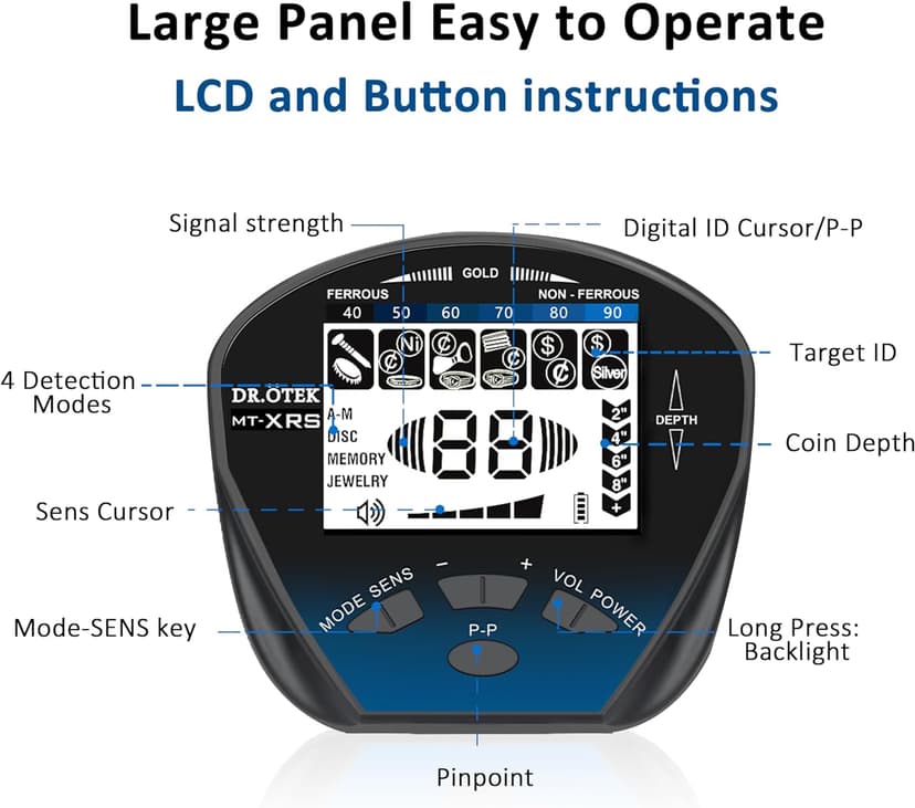 DR.ÖTEK Metal Detector for Adults Professional, Pinpoint Metal Detector Waterproof Gold and Silver, Higher Accuracy, Bigger LCD Display, Strong Memory Mode, 10" IP68 Coil, New Advanced DSP Chip, Blue