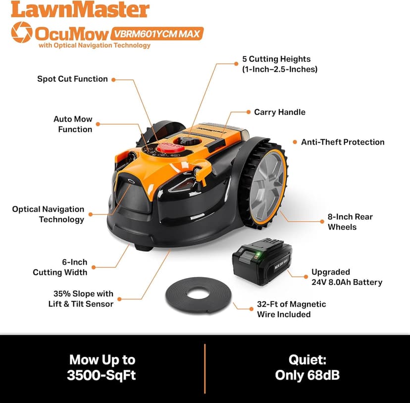 LawnMaster OcuMow™ VBRM601YCM MAX Perimeter Wire Free Robot Lawn Mower Cuts Small Lawns 2000-3500 Square Feet with Optical Navigation, Obstacle Avoidance, Low Noise and No Go Function