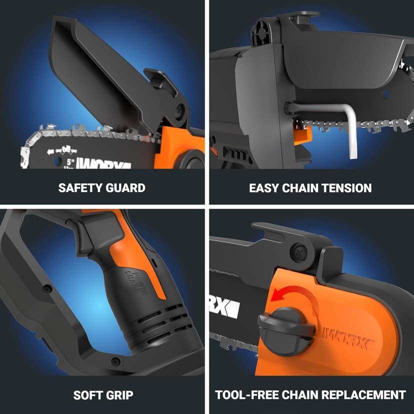 Worx 20V 5" Mini Cordless Chainsaw, 3.9 lbs, 22 ft/s Chain Speed, Power Share Battery, Upper & Hand Guard WG324 - Battery & Charger Included