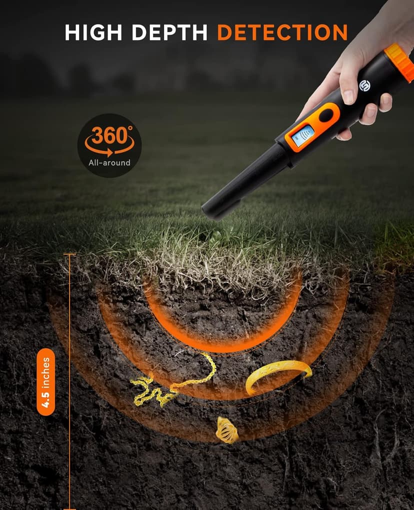 SUNPOW Metal Detector Pinpointer for Adults & Kids, Fully Waterproof, 360°Detection Handheld Pin Pointer Wand with LCD Screen, 3 Modes (Buzzer, Vibration,Sound) for Treasure Hunting- OTMD08
