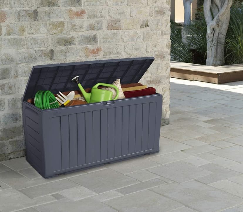 Keter Marvel Plus 71 Gallon Resin Deck Box Organization and Storage for Patio Storage Box Outdoor Cushions, Throw Pillows, Garden Tools and Pool Accessories, Dark Grey
