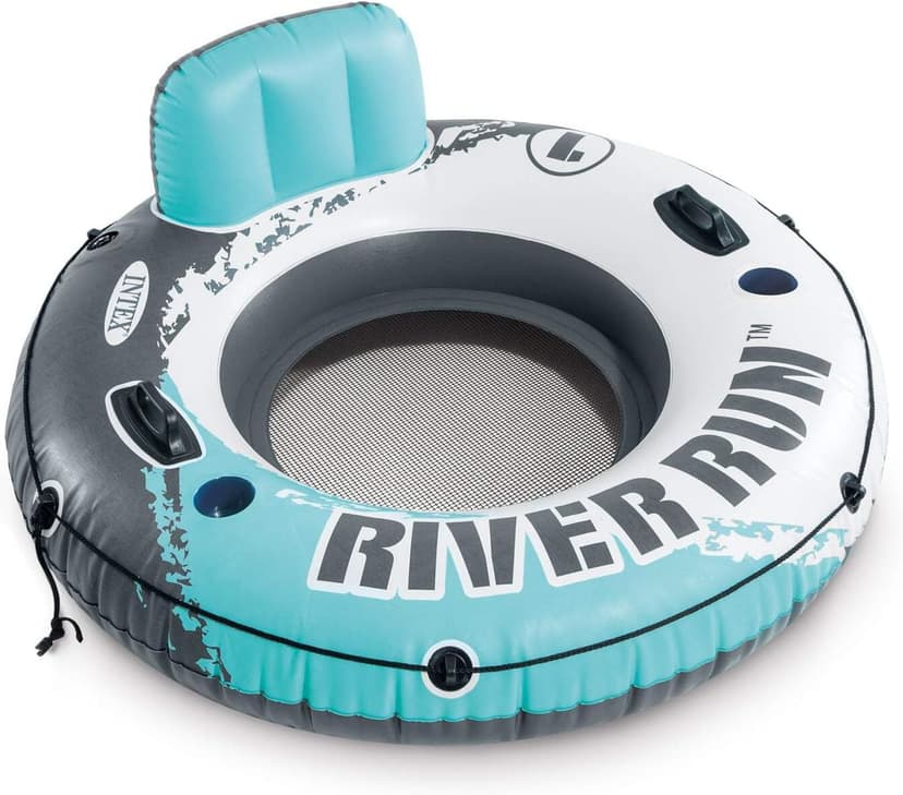 INTEX 58825EP River Run 1 Inflatable Floating Lounge: Comfortable Backrest – Built-in Cup Holders – Durable Grab Handles – All Around Grab Rope – 220lb Weight Capacity– Blue
