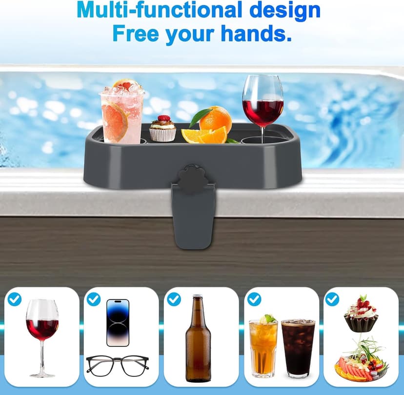 Hot Tub Tray, Adjustable Spa Table Tray with 2 Cup Holders, Spa with Wall Thickness of 2'' to 7.5'', Nonslip Heavy-Duty Shelf for Aboveground Bathtub, Spa Accessory