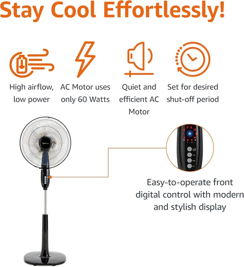 Amazon Basics 16" Pedestal Fan with Remote, Floor Fan, Standing Fan for Bedroom, Living Room, Office, with 3 Speeds, 3 Modes, Timer, Dual-Layered Blades, Adjustable Height, Tilt Head, 60W, Black