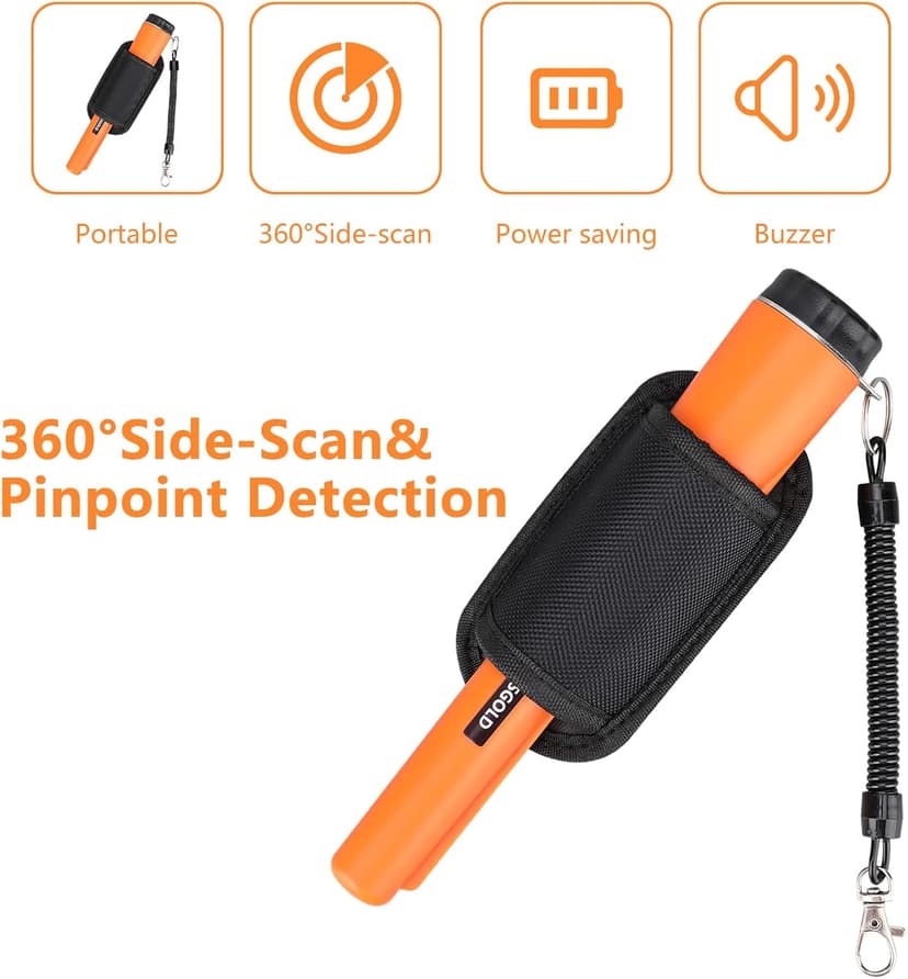 Metal Detector Pinpointing,Waterproof Pinpointer 360 Degree Search Gold&Treasure Finder with Belt Holster &LED Indicator& Buzzer Vibration, for Adults and Kids (Orange)