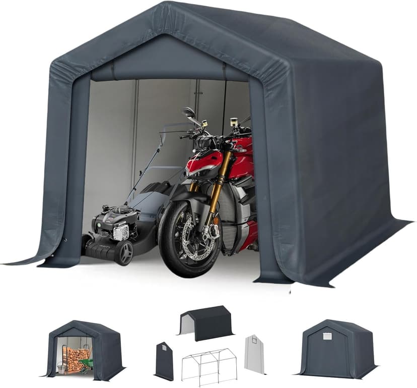 MFSTUDIO Outdoor Storage Sheds 8x12 ft, Portable Carport Shelter Garages Heavy Duty Canopy with Rolled up Zipper Doors,Outside Utility Shed Garage Tent for Motorcycle, Bicycles,Lawn mowers and Tools