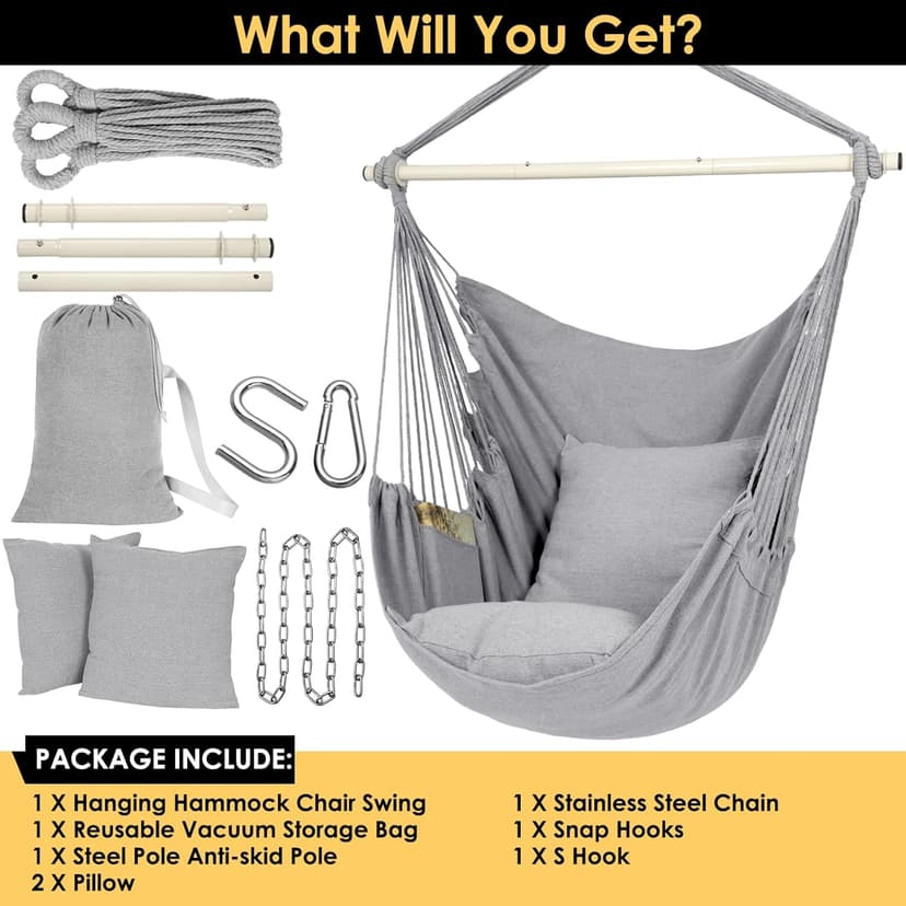 Y- Stop Hammock Chair Hanging Rope Swing Chair, Max 500 Lbs, 2 Seat Cushions Included, Removable Steel Spreader Bar with Anti-Slip Rings, Hardware kit-for Indoor or Outdoor(Light Grey)