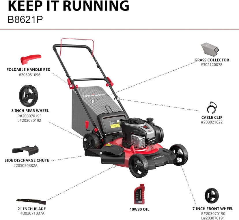 PowerSmart Gas Lawn Mower 21-Inch with 140cc Briggs and Stratton E550 Engine, High Wheels, 3-in-1 with Bagging