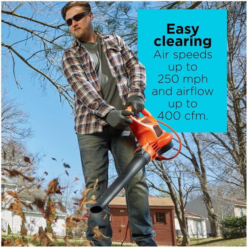 BLACK+DECKER Electric Leaf Blower, Leaf Vacuum and Mulcher 3 in 1, 250 mph Airflow, 400 cfm Delivery Power, Reusable Bag Included, Corded (BEBL7000)