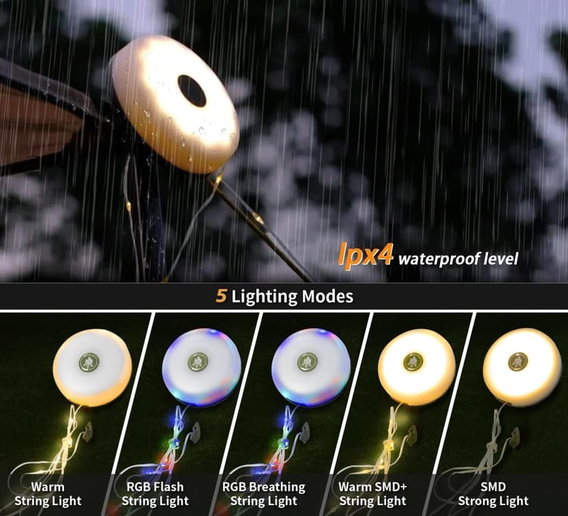 Camping String Lights,Camping Essentials Gear 32.8FT Lamp Lights Waterproof, 4 in 1 Outdoor String Lights with 8 Modes for Awn Tent Yard Garden Hiking Travel Decoration and Holiday Christmas Gift